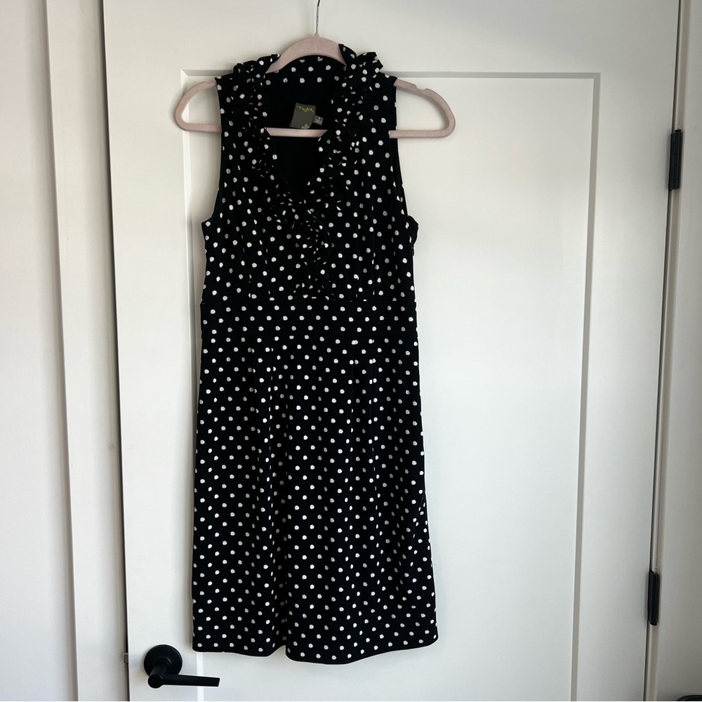 Taylor Sleeveless Black and White Polka Dot Ruffle Neck Dress - Picture 2 of 10
